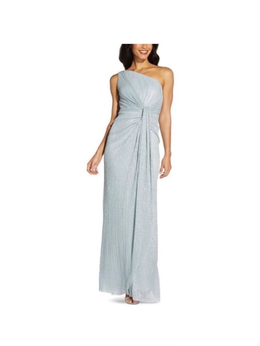 Adrianna Papell Stardust Evening Dress Gown One Shoulder Blue Metallic